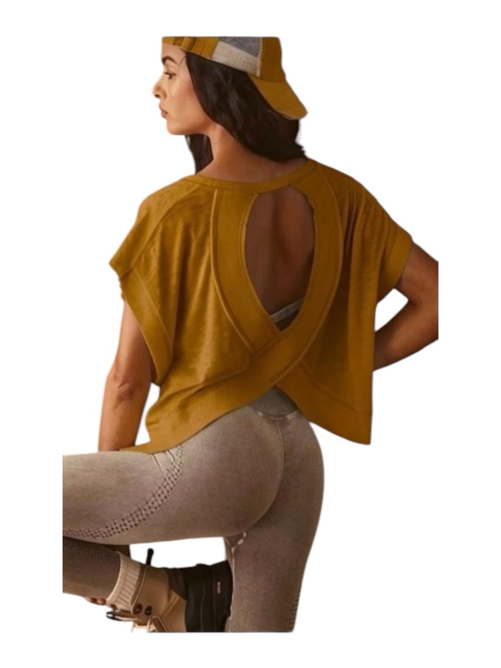 FP Movement My Time Tee Size S Mustard Open-Back Cropped Athletic Top Workout